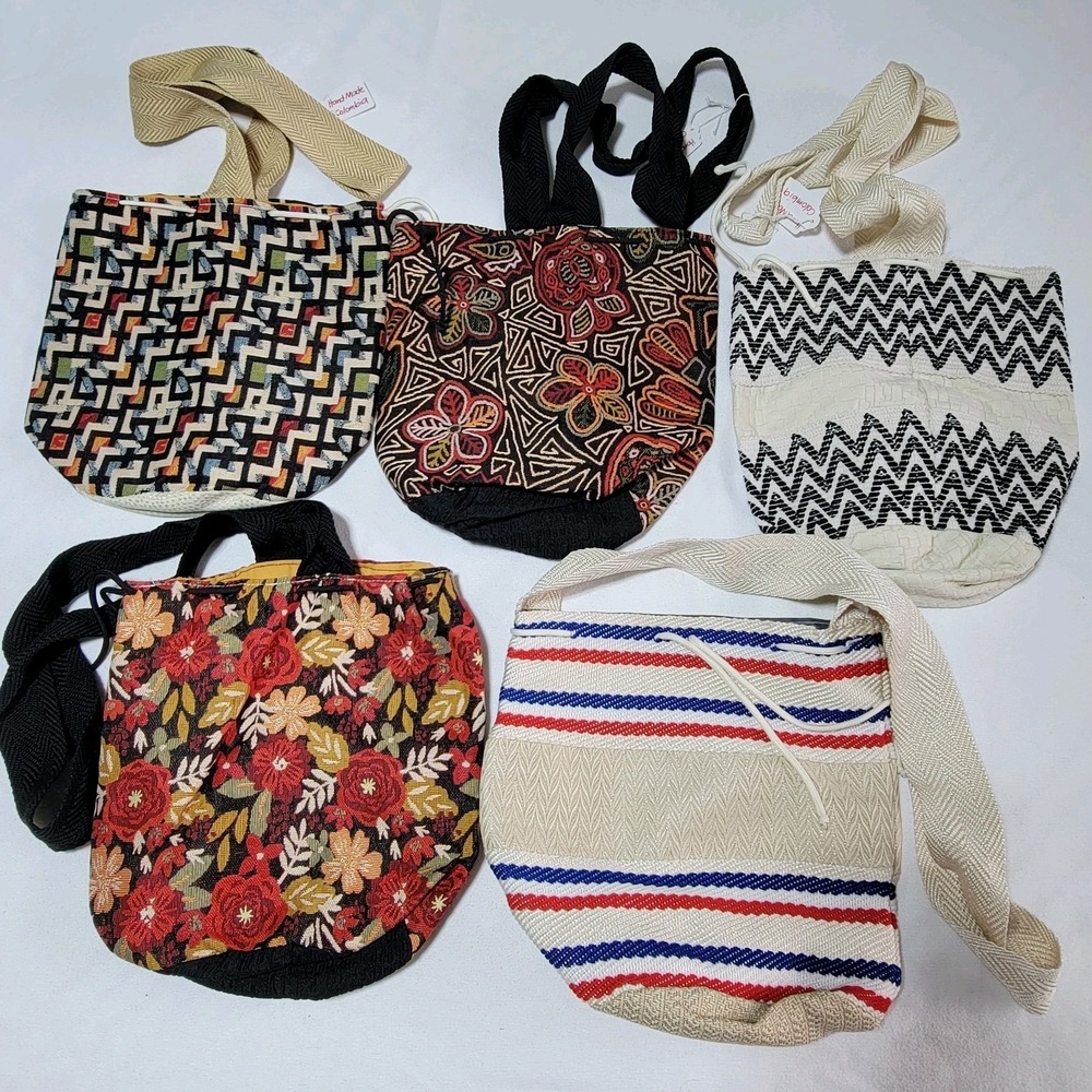 Lot of 5 Hippie Totes Handmade in Colombia Beach Bags Purse Multicolor Boho Chic